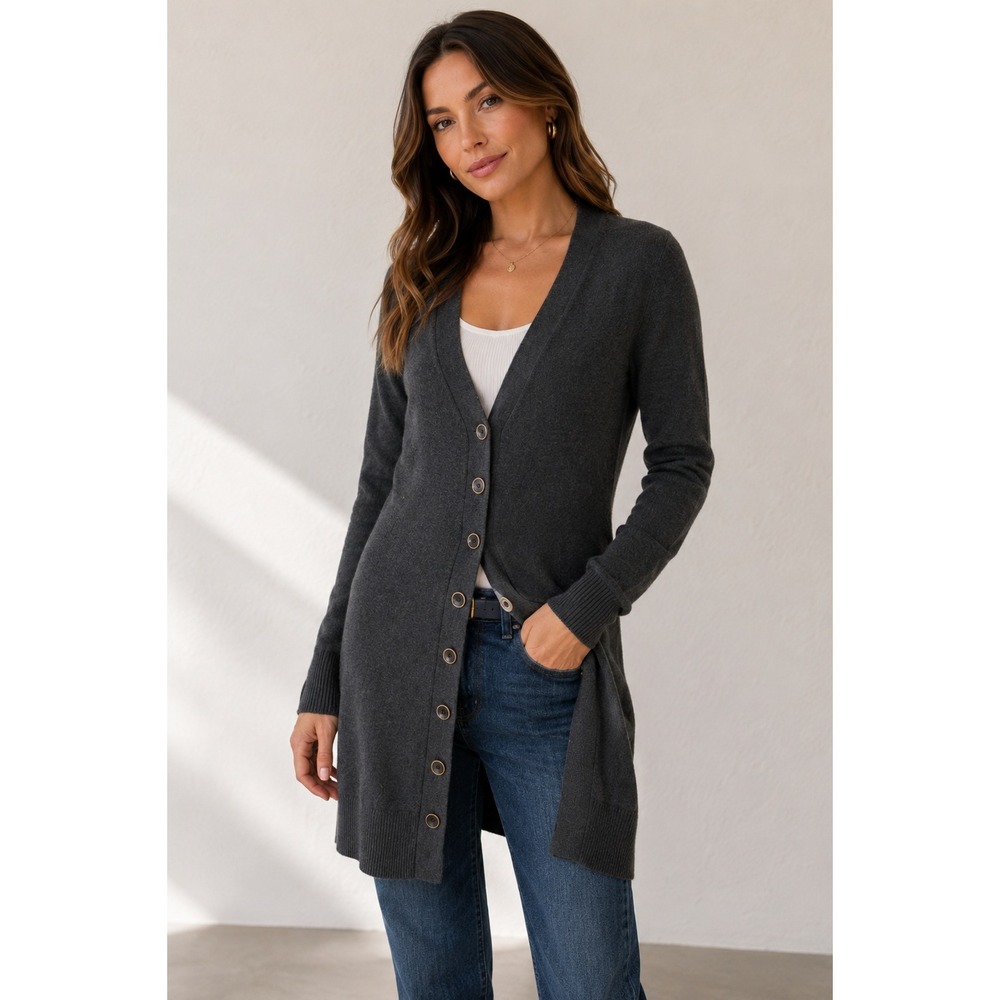 White + Warren 100% Cashmere Cardigan S Charcoal Longline Quiet Luxury